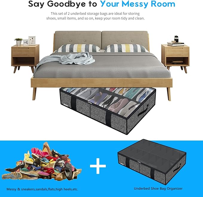 Onlyeasy 2 Pack Under Bed Shoe Storage Organizers with Handles & Clear window (Fit 14 +14 Pairs), Sturdy Underbed Box Organizer Shoe Storage Bags for Kids & Adults, Linen-like Black, MXAUBS14S14