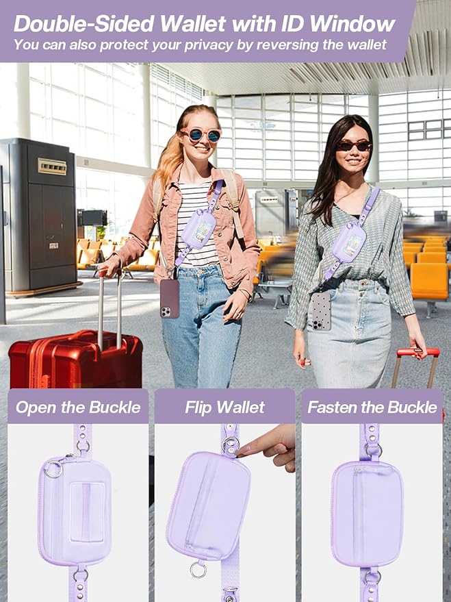 Tiostep Clip and Go Strap for Phone with Wallet Crossbody Phone Lanyard Adjustable and Detachable RFID Wristlet Wallet with ID Window and Zipper, Purple Large.