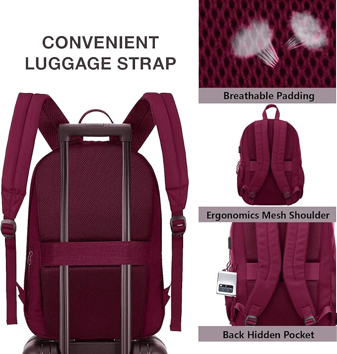 KEOFID Classic Anti-Theft Laptop Backpack for Men and Women, Burgundy, 17.3" x 12.6" x 7.2"