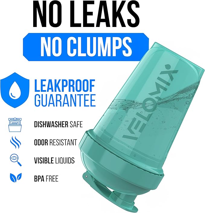 VELOMIX -2 Pack- 20 oz Protein Shaker Bottles for Protein Mixes - 2x Wire Whisk | Leak Proof Shaker Cups for Protein Shakes and Pre Workout | Protein Shaker Bottle Pack (Black/Torquoise)