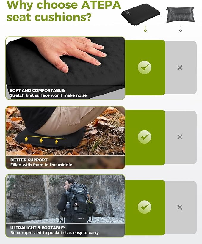 ATEPA Inflatable Seat Cushion, Self-Inflating Portable Stadium Airplane Travel Foam Cushion Pad for Camping, Sports Events, Outdoor