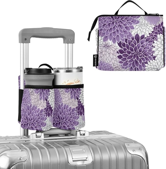 DOMIKING Watercolor Flowers Floral Purple Travel Luggage Cup Holder for Suitcase Free Hands Drink Stroller Caddy with Handle for Beverages Bottle
