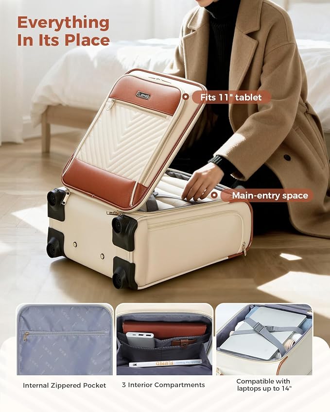 Underseat Carry On Luggage for Women, 16 Inch Stylish Lightweight Under Seat Carry on Suitcase with Multi-Compartment Storage & 360° Wheels for Airline Travel & Weekender