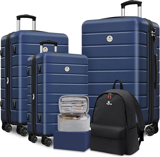 Classic Luggage Sets 5 Piece, Carry-On Luggage with Spinner Wheels, Lightweight Hardside Suitcase Set with TSA Lock, Bonus Travel Backpack & Makeup Bag, 20/24/28 inch, Navy Blue