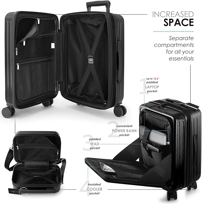 20 Inch Carry On Luggage 22x14x9 Airline Approved, Carry On Suitcase with Wheels, Hard-shell Carry-on Luggage, Durable Luggage Carry-On, Black Small Suitcase with Cosmetic Case
