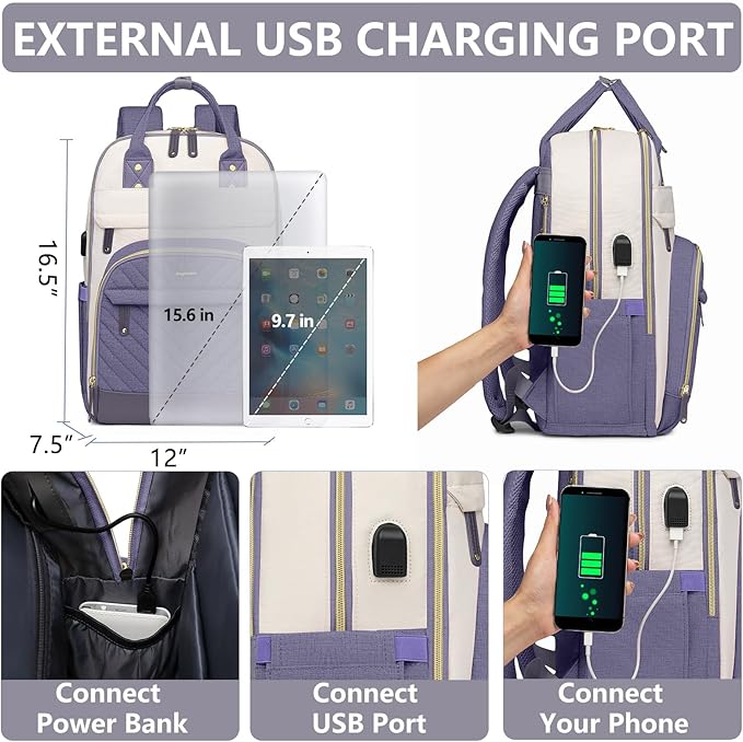 Laptop Backpack for Women Work Bag - 15.6 inch Travel Backpack Purse with USB Charger College Bookbag Waterproof Cute Casual Daypack Business Computer Backpacks for Teacher Nurse Beige Light Purple