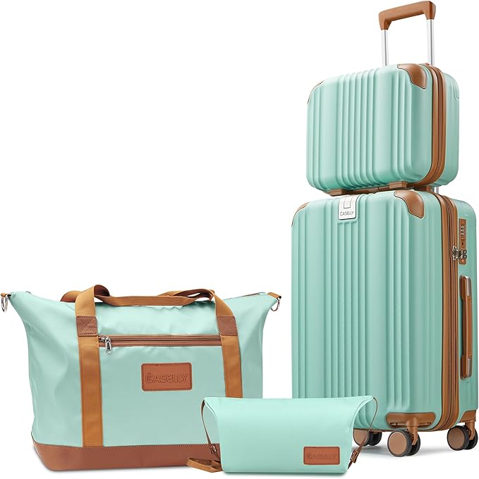 Luggage Set 3 Piece Luggage with PC+ABS Hardshell TSA Lock Spinner Wheels Carry on Lightweight Suitcase，YKK Zippers (Green, 4 piece（14/20/DB/TB）)