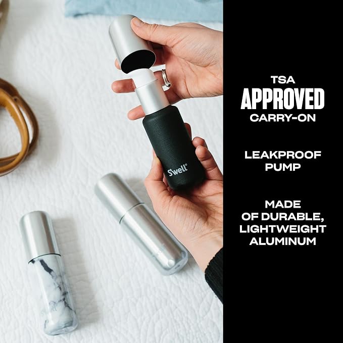 S'well 3.4oz Travel Bottle Set, Includes 3 Lightweight and Recyclable Aluminum Bottles, Leakproof Pumps For Shampoo, Conditioner, Body Wash, Lotions, Sanitizers, and More, TSA Carry On Approved