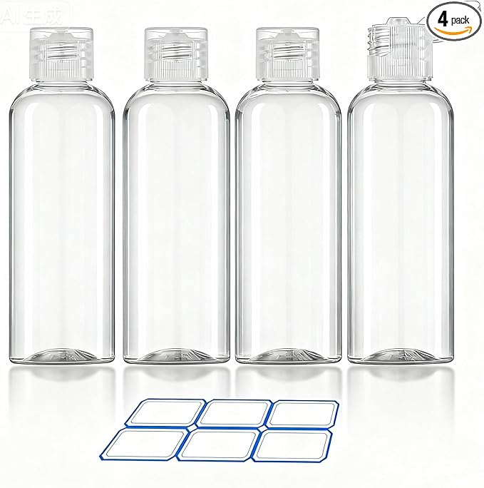 4 Pack 3.4 Oz (100ml) TSA Approved Travel Bottles for Toiletries, Leak Proof Plastic Travel Essentials Accessories with Labels | 4 Pack, TSA Approved, for Toiletries, Leak Proof, with Labels
