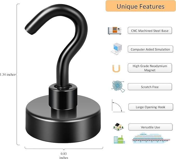 Neosmuk Black Magnetic Hooks,Heavy Duty Earth Magnets with Hook for Refrigerator, Extra Strong Cruise Hook for Hanging, Magnetic Hanger for Cabins, Grill (Matte Black, 6 Pack)