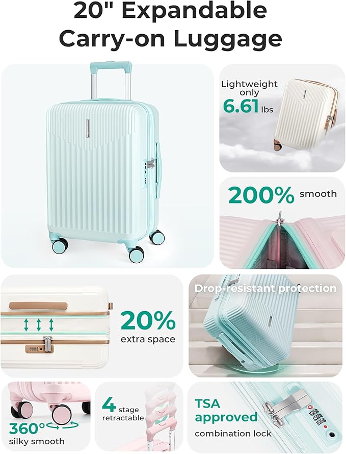 BAGSMART Carry On Luggage 22x14x9 Airline Approved with Spinner Wheels,100% PC Hardside Expandable Luggage with TSA Lock for Trips, 20 Inch Rolling Suitcases for Men Women,Green