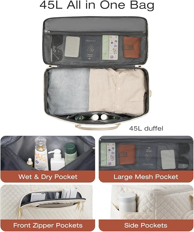 Travel Duffle Bag, Wide Open Large Weekender Bag for Women with Shoe Compartment, Carry on Overnight Bags with Toiletry Bag, Hospital Bag for Women Labor Delivery with Wet Pocket (Beige)