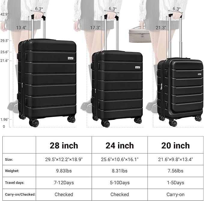 SmileLine 3-Piece Luggage Set Lightweight Hardside Suitcase TSA Lock Spinner Wheels, 20" Expandable Carry-On Luggage with Quick Access Front Open Pocket, Bonus Makeup Bag,Black