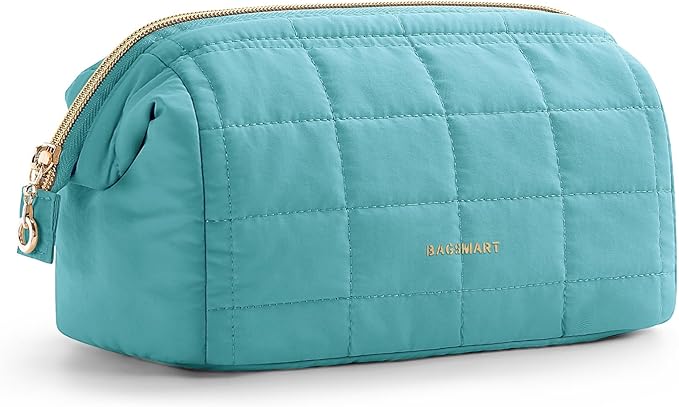 BAGSMART Makeup Bag Travel Toiletry Bag, Puffy Padded Make Up Bags for Women Makeup Organizer Case, Wide-open Pouch Purse Travel Essentials Toiletries Accessories Brushes, Lake Green