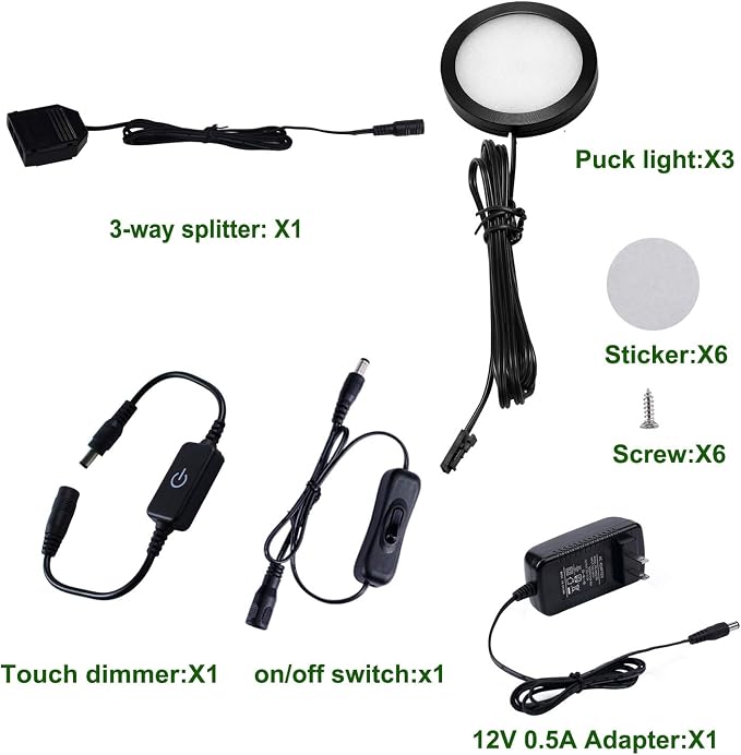 AIBOO Under Cabinet LED Black Cover Puck Lighting Kit with Touch Dimmer Switch for Kitchen Cupboard Closet Lighting (3 Lights,Warm White)