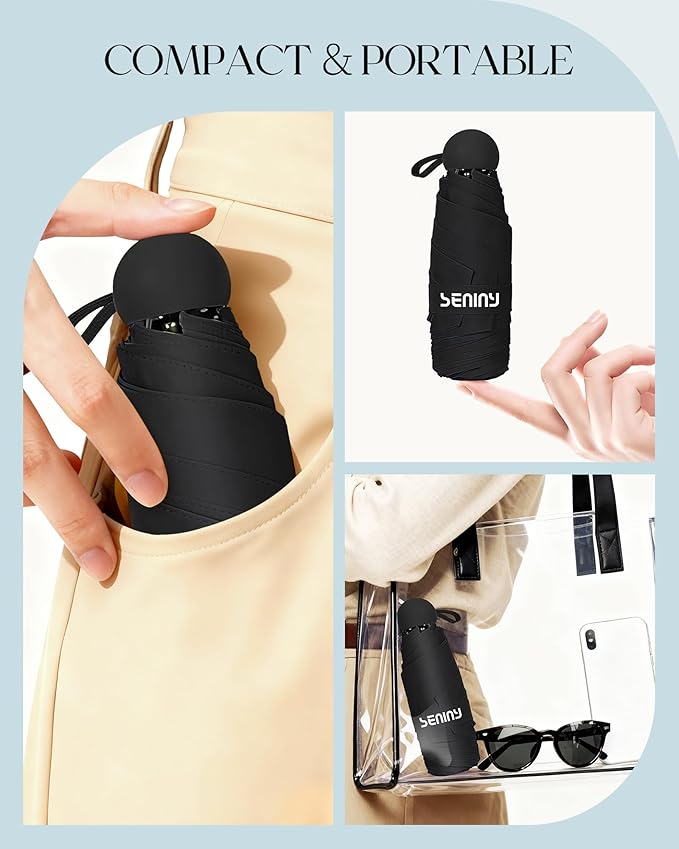 Seniny Mini Portable Travel Umbrella with Case - Compact Umbrellas for Rain & Sun UV Protection for Backpack Pocket, Lightweight Folding Small Umbrella, Tiny Purse Size UV Blocker for Kids Women Girls