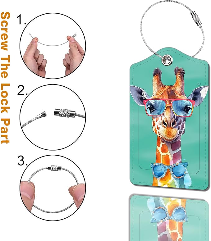 2 Pack Luggage Tag for Suitcase, Cute Unique Leather Bag Tags Identifiers Privacy Cover ID Label with Durable Steel Loop for Women Men Kids Girls Travel，GiraffeF