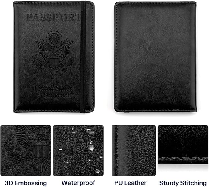 Passport Holder for Travel, 2 Pack Passport Cover, Waterproof Passport Wallet Leather Passport Holder Pen Holder Passport Holders for Women Men Family Travel Must Haves Essentials, Black+Navy Blue