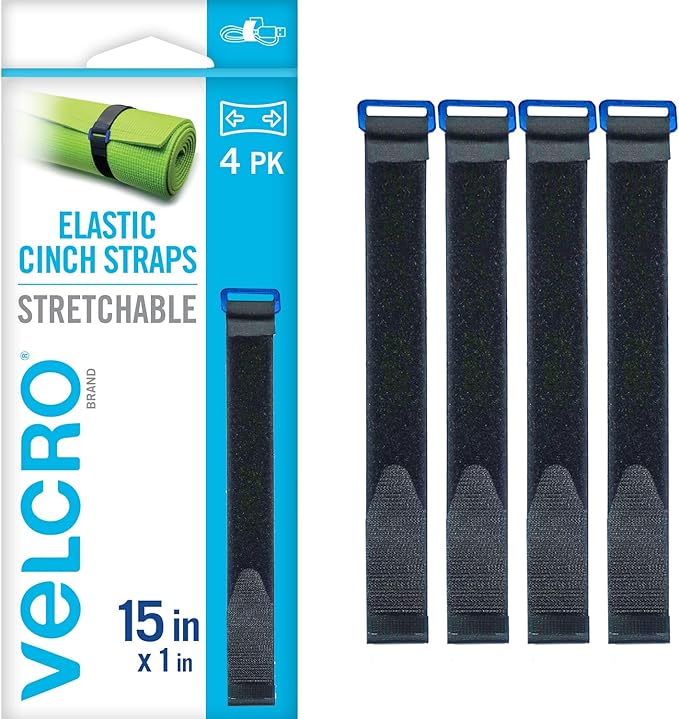 VELCRO Brand VEL-30792-AMS 15 Inch Elastic Straps 4 Pack | Stretchable and Adjustable for Snug Fit | Fasten Lumber, Yoga Mats, Tools, Camping Equipment, More | Cinch with Buckle, Black 15x1