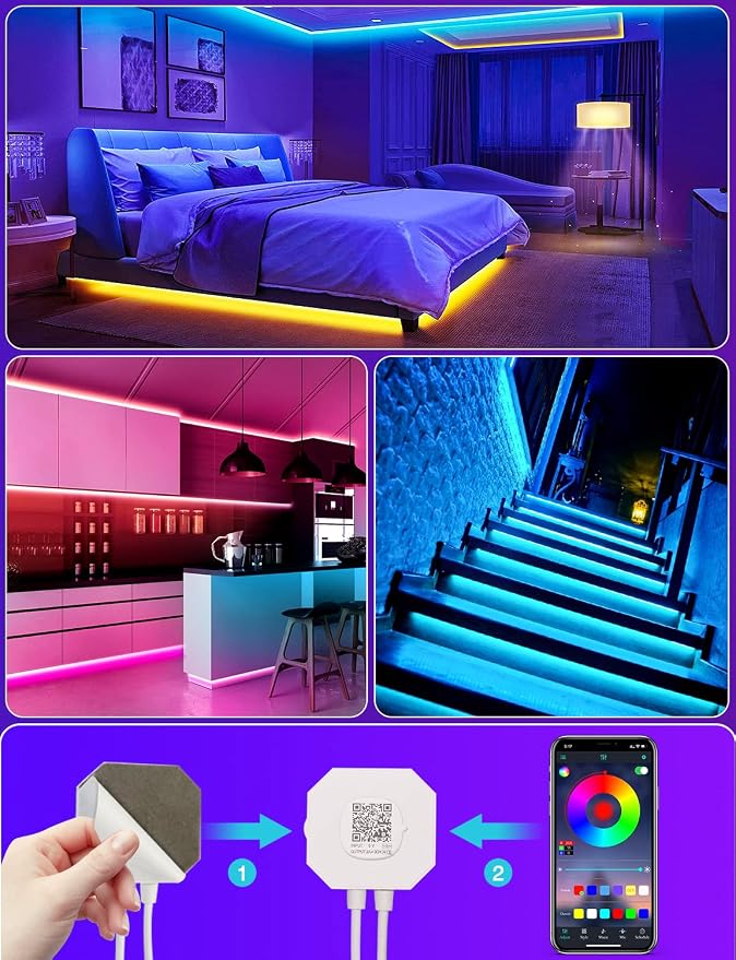 Daymeet Motion Sensor Under Bed Lights, 9.8ft RGB Motion Activated LED Strip Lights with Automatic Shut Off Timer App Control Cabinet Night Light Closet Lights for Hallway, Kitchen,Bedroom,Stair
