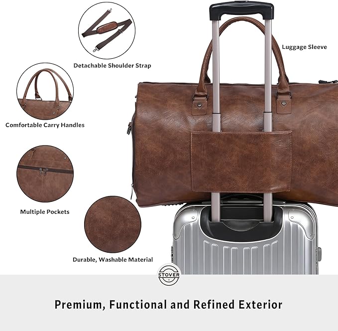 STOVER Garment Travel Duffle Bag, Large 2-in-1 Convertible Carry-on Luggage for Men & Women- Hanging Suits, Dresses & Clothes + Shoe Compartment- Weekender Tote Combo Duffel (Brown Leatherette)
