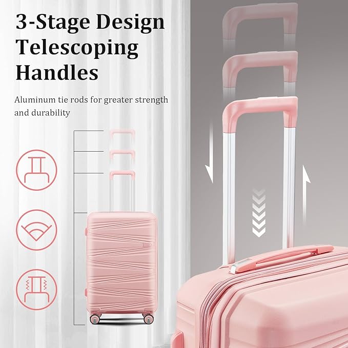 4 Piece Expandable Hardshell Pink Luggage Sets with Spinner Wheels, Lightweight Travel Suitcase Set with TSA Locks, 20 inch Carry On for Women (Pink, 4 Piece Set)