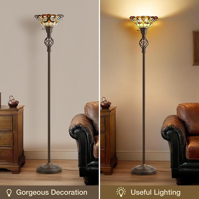 Tiffany Floor Lamp Torchiere Floor Lamp with Stained Glass 71 Inch Tall Floor Lamp Standing Reading Light Floor Lamp for Living Room Corner Bedroom Home Office, Bulbs Included