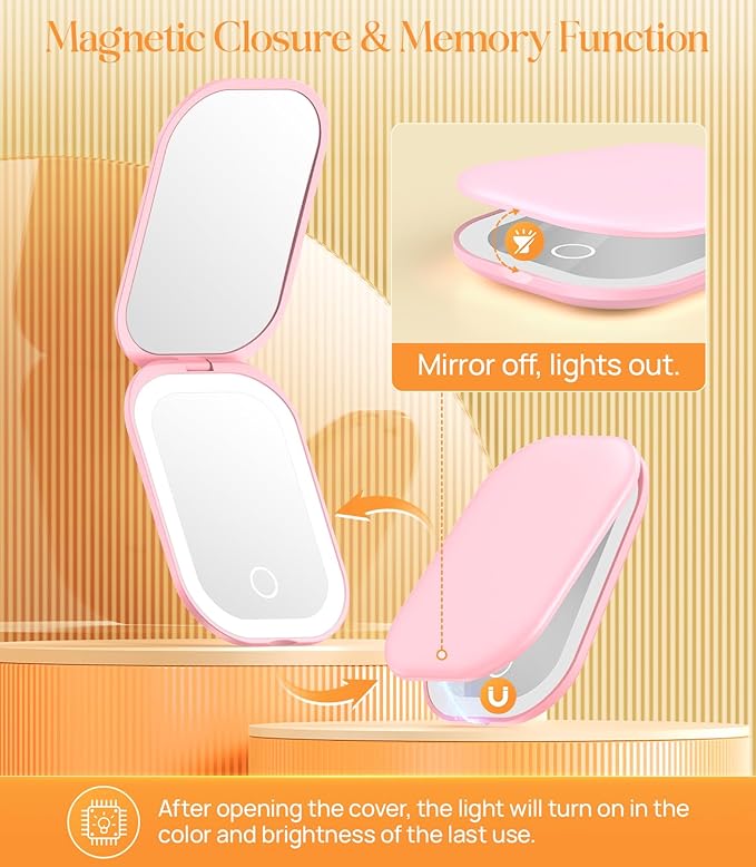 Gospire Lighted Travel Makeup Mirror with Light and Magnification 1X/3X, Stepless Dimming and Three-Color Adjustable Lights, Rechargeable Battery and Compact Size for Purse and Portable Use - Pink