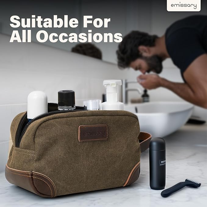 Emissary Men's Leather and Canvas Travel Toiletry Bag, Dopp Kit, Travel Bathroom Bag, Shaving Kit, Small Bags for Travel Accessories (Brown)
