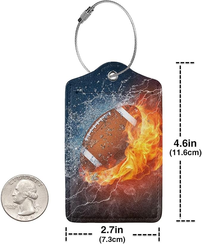 2 Pack Football Luggage Tags Travel PU Cute Leather Sports-Themed Bag Luggage Tag Name ID Labels with Privacy Cover Suitcases Women Men Girls Boys Fun Laggage Tags Identifiers with Cool Fire(football)