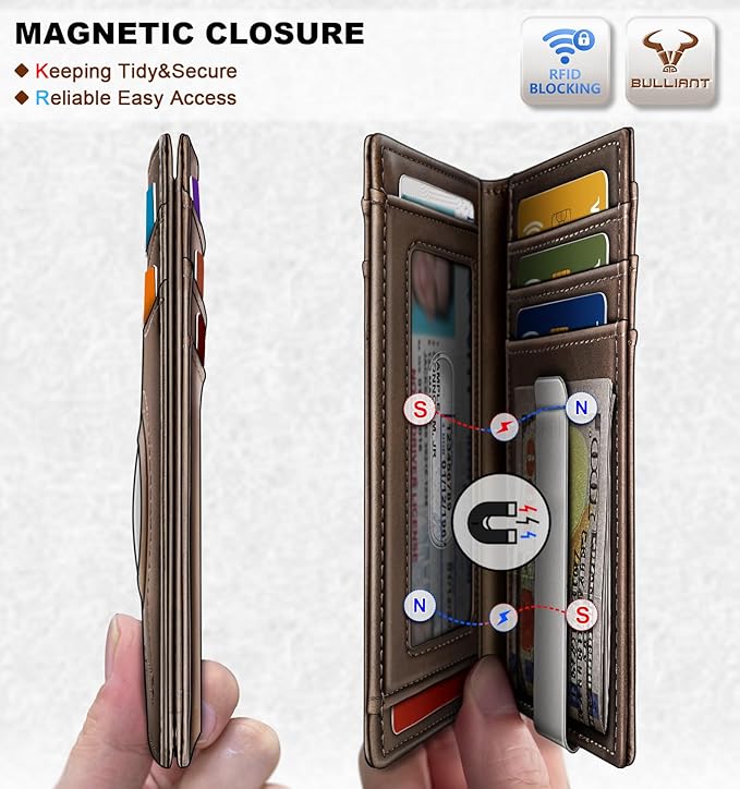 BULLIANT Men Airtag Wallet,Slim Wallet Money Clip Card Holder Magnetic Closure 12 Cards in Front Pocket RFID Blocking