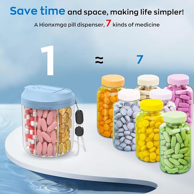 Pill Dispenser with 7 Large Compartments, 4.4" H x 3.6" Dia Pill Bottle Organizer for Travel, Supplement Organizer with Anti-Mixing Design, BPA-Free Pill Container with 20 Pcs Labels, Blue