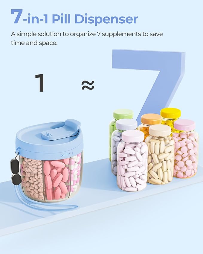 Cute Pill Dispenser with 7 Large Compartments, Portable Pill Bottle Organizer with Wide Opening for Easy Use, Anti-Mix Pill Organizer for Travel, BPA-Free Pill Container, Blue