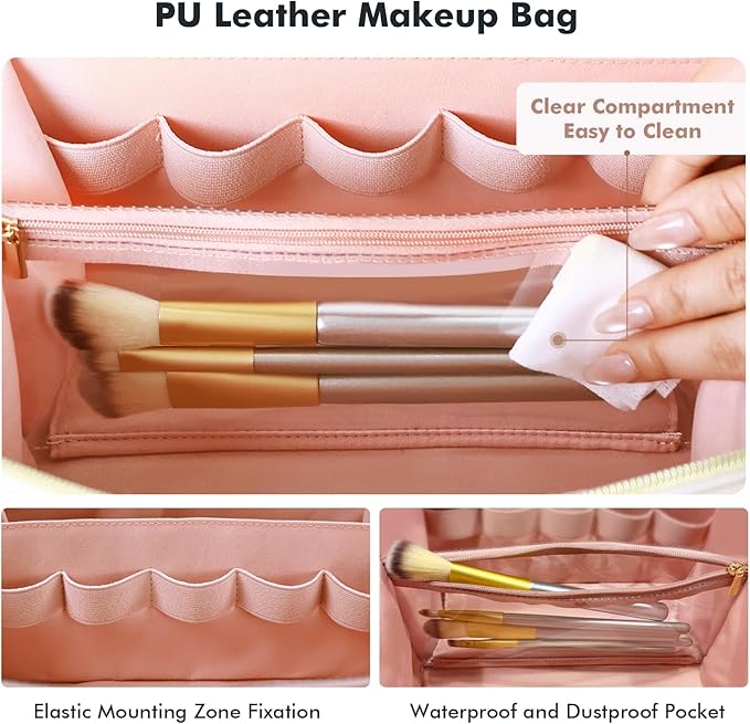 Prite Makeup Bag for Women Travel Waterproof Vegan Leather Cosmetic Bag Open Flat Toiletry Bag With Clear Divider and Handle (Large Pink Pro)