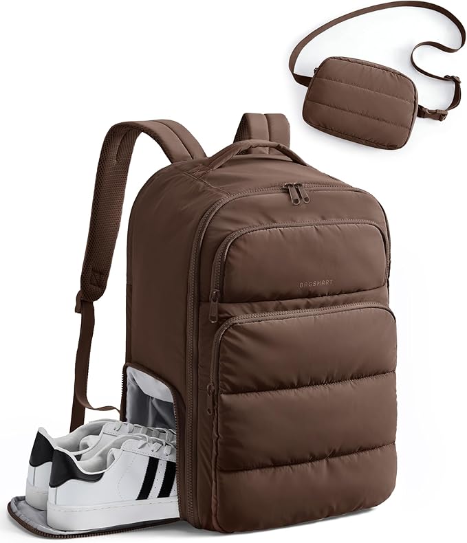 BAGSMART 35L Travel Backpack Women, 17.3 Inch Carry On Backpack Flight Approved, Personal Item Backpack Travel Bag, Water Resistant Casual Daypack, Coffee