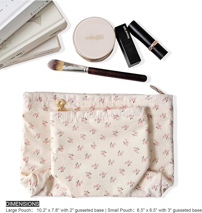 HAPPYHEIDI Makeup Bag Set of 2, Cute Accessory Pouch, Cotton, Floral, Zipper Closure, Large 10.2x7.8x2 Inches, Lightweight