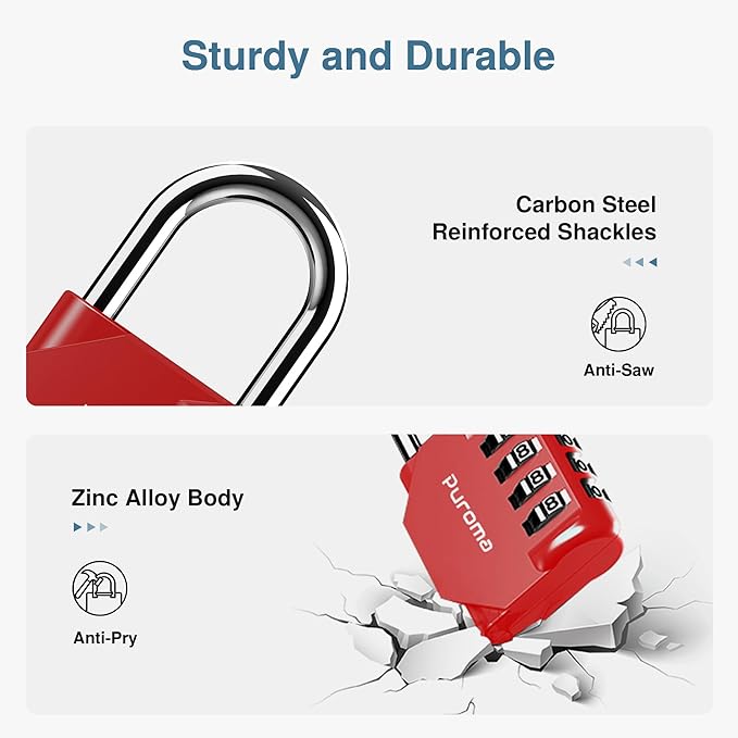 Puroma 2 Pack Combination Lock 4 Digit Padlock for School Gym, Sports Locker, Fence, Toolbox, Case, Hasp Storage (Red)