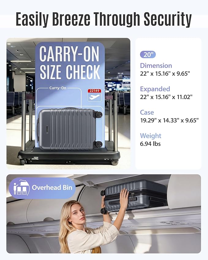 LIGHT FLIGHT Expandable Carry On Luggage 22x14x9 Airline Approved with Double Spinner Wheels, 20 Inch Lightweight Hard Shell Rolling Suitcases with TSA Lock, Gray