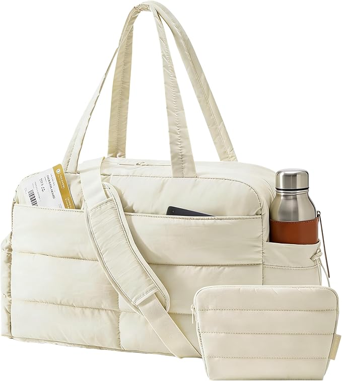 BAGSMART Gym Bag for Women, Lightweight Puffer Duffle Bag 2-PC Travel Bag, 31L Weekender Overnight Bag Quilted Carry On Tote Bag, Diaper Hospital Dance bag for Travel, Gym, Water Resistant, Beige