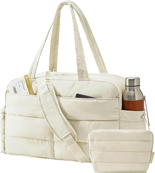 BAGSMART Gym Bag for Women, Lightweight Puffer Duffle Bag 2-PC Travel Bag, 31L Weekender Overnight Bag Quilted Carry On Tote Bag, Diaper Hospital Dance bag for Travel, Gym, Water Resistant, Beige