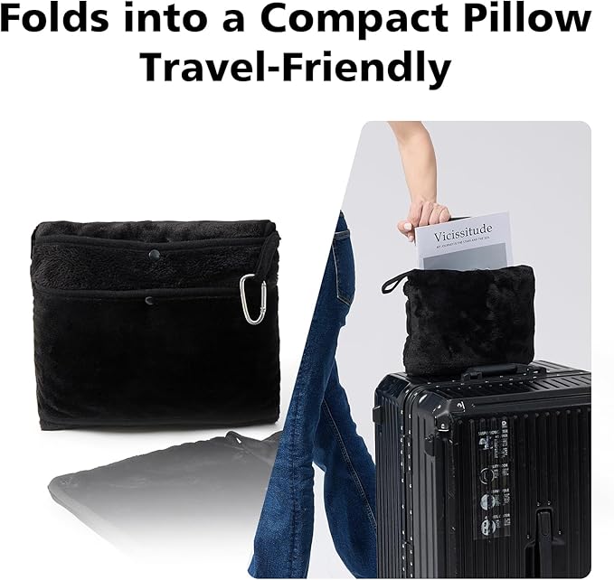 Travel Blanket with Carry Bag, Lightweight Wearable Airplane Blanket, Soft Packable Throw for Travel & Office Black