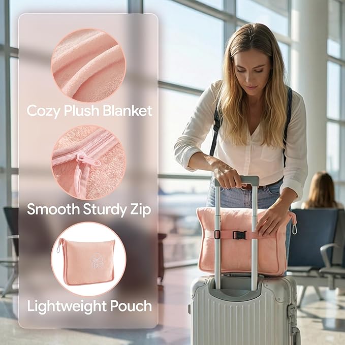 Travel Blanket, Soft 2-in-1 Airplane Blanket, 65x40 Inches, Travel Essentials Car Blanket with Luggage Sleeve & Backpack Clip (Peachy Pink)