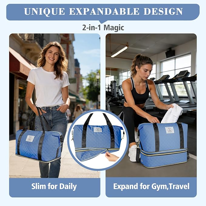 Geestock Travel Duffel Bag, Weekender Bags for Women, Carry on Overnight Bag with Shoe Compartment & Trolley Sleeve, Personal Item Travel Bags with Storage Pouch for Travel, Yoga, Gym, Hospital, Blue