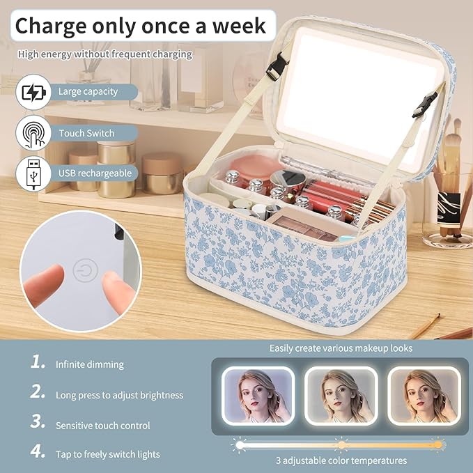 OCHEAL Makeup Bag With LED Mirror, Travel Makeup Bag With 3 Color Setting Light Up Mirror Cosmetic Organizer Vanity Case for Women Beauty Tools Accessories Rechargeable Makeup Travel Bag-Black