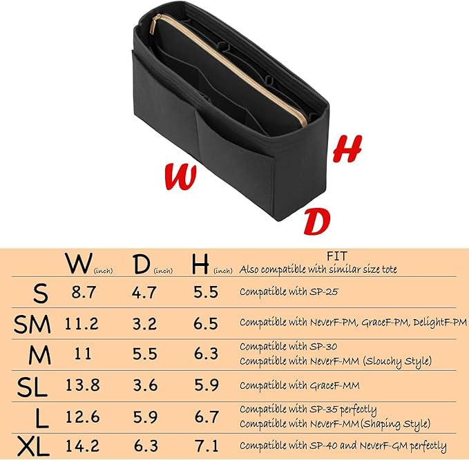 DailyPlus Purse Organizer Insert with Zipper Felt Bag Organizer Handbag Organizer Insert Bag in Bag Organizer with Key Chain for Tote Purse Bag Black Slender-Medium