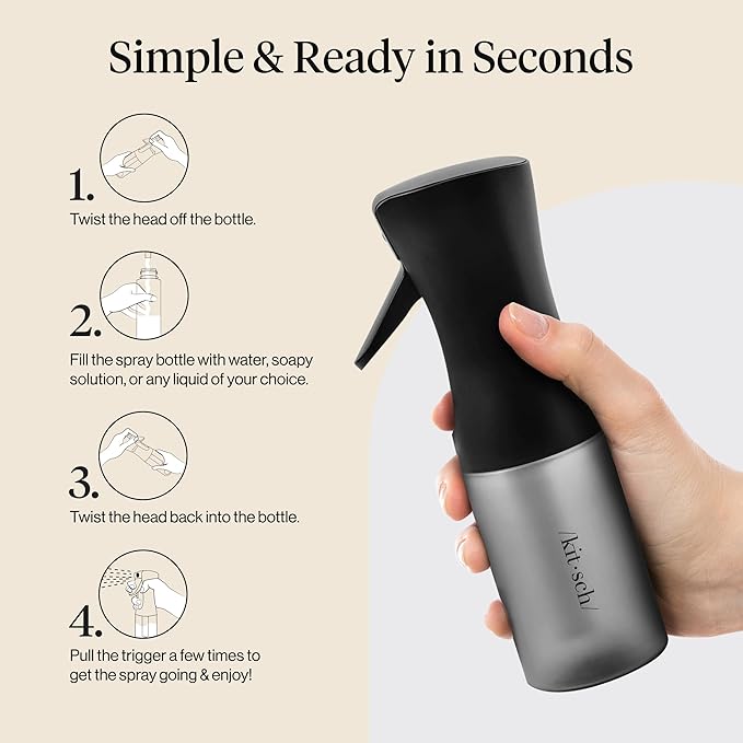 Kitsch Continuous Spray Bottle for Hair – Fine Mist Water Mister & Water Spray Bottle – Recycled Hair Spray Bottle – Spray Bottles for Cleaning, Styling, Plants & More – Black, 150ml