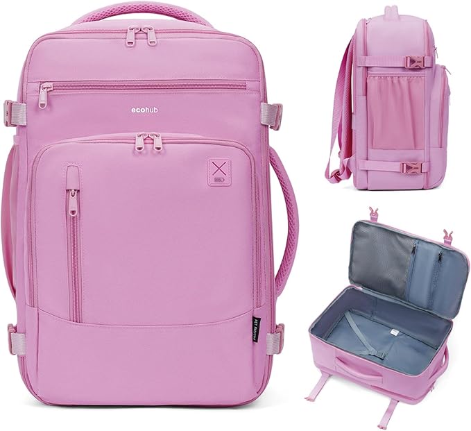 ECOHUB 17" Small Travel Backpack, United Airlines Personal Item Bag 17x10x9 with 16 Pockets, Water Resistant Rucksacks Fit 15.6" Laptop, AirTag Pocket, Lightweight Casual Daypack, 25L, Pink
