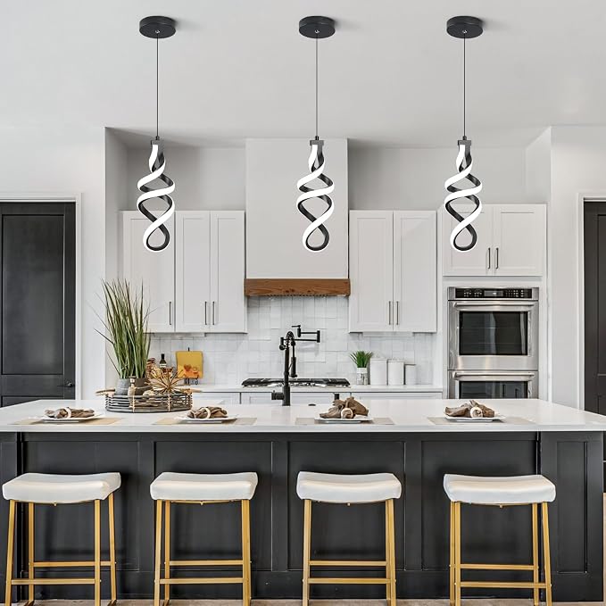 3 Packs Pendant Light, 15W Spiral Led Pendant Light, 4500K Modern Pendant Lights Kitchen Island, Adjustable Height Pendant Light for Dining Room Bedroom Kitchen Island Cafe