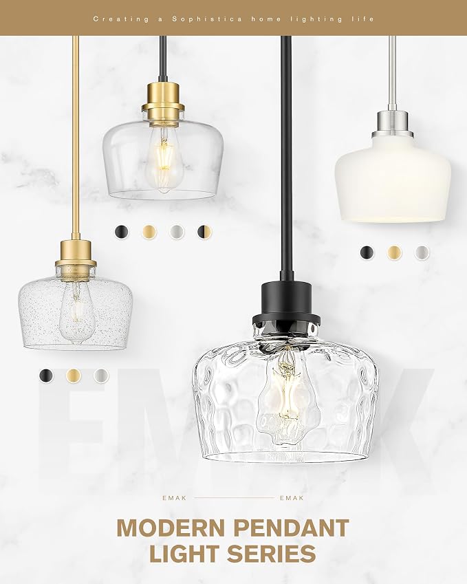Emak 8 Inch Pendant Lights Kitchen Island, Black Pendant Light Fixtures with Hammered Glass Shade, Modern Farmhouse Island Lights for Kitchen, PL122-BK-HG