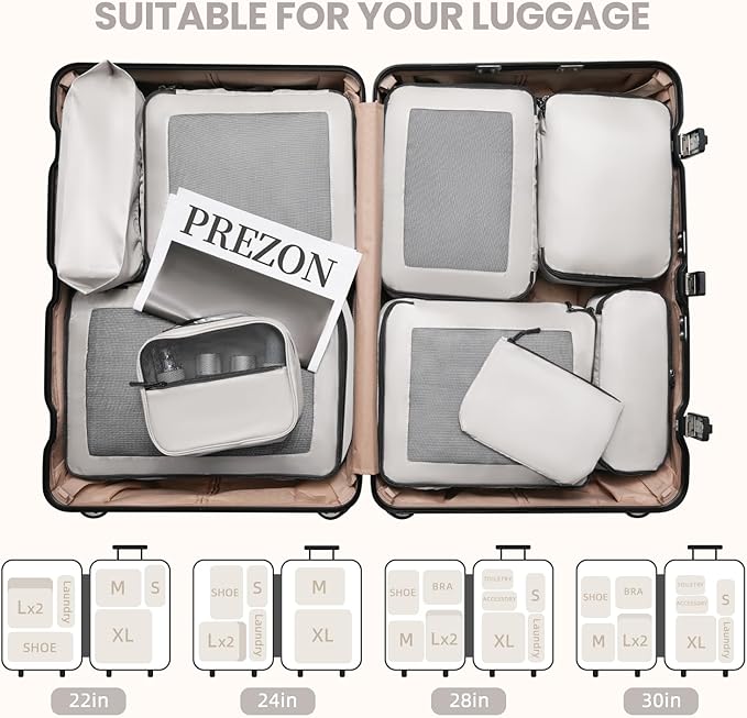 Mesh Packing Cubes for Travel, Durable Luggage Organizer with Sturdy Material and Double Zippers, Comprehensive Set for Travel Accessories Storage, 10 set, cream